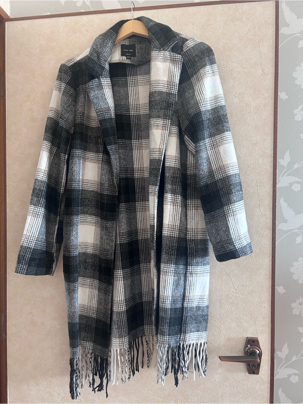 Love Tree Black and White Plaid Coat with Fringe